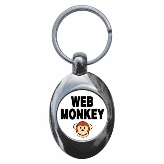 A picture of the front of the product, titled Web Monkey Metal Keyring With Trolley Coin