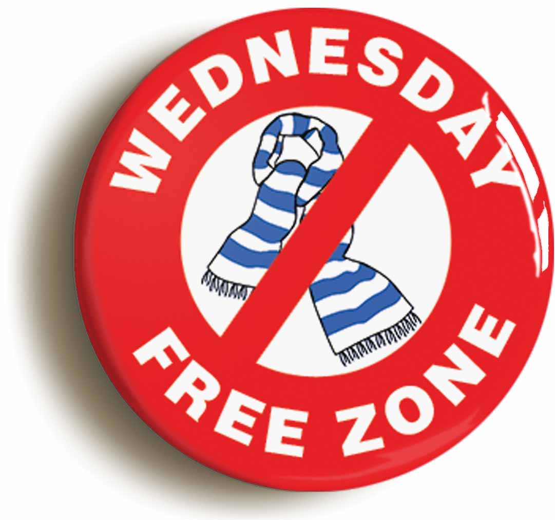 A picture of the front of the product, titled Wednesday Free Zone Button Pin Badge