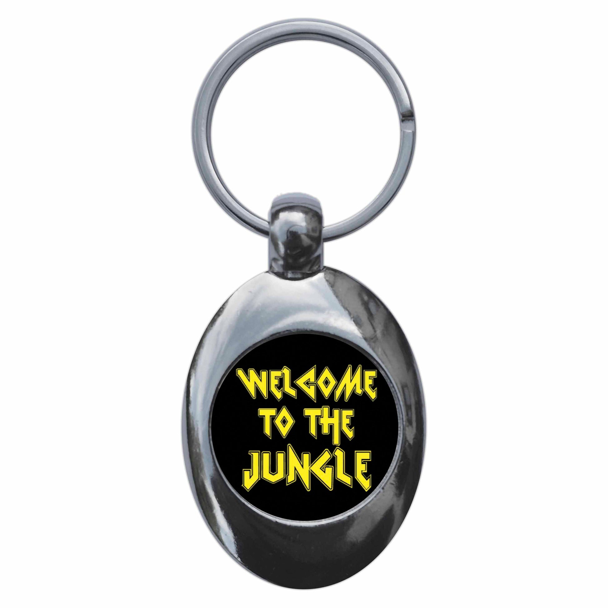 A picture of the front of the product, titled Welcome To The Jungle Metal Keyring With Trolley Coin