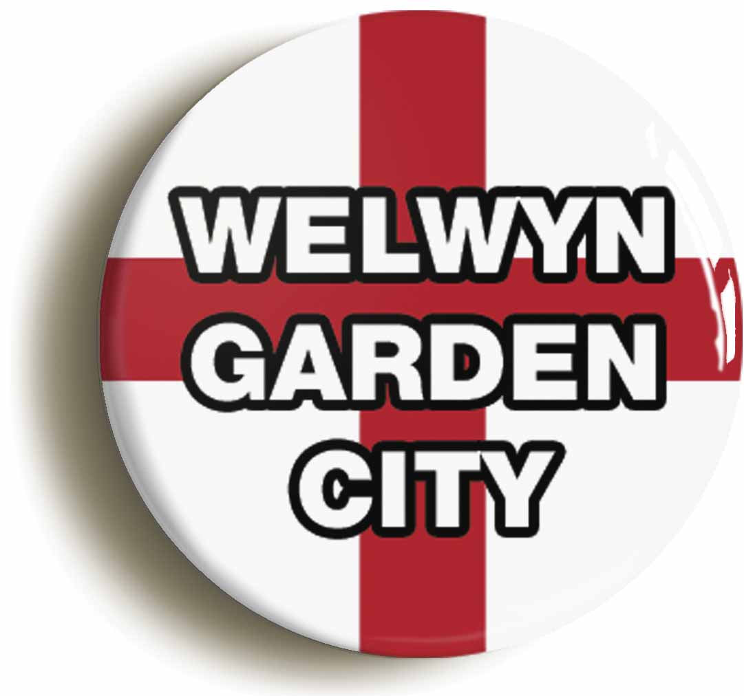 A picture of the front of the product, titled Welwyn Garden City England Flag Button Pin Badge