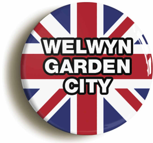 A picture of the front of the product, titled Welwyn Garden City Union Jack Circular 50mm Fridge Magnet