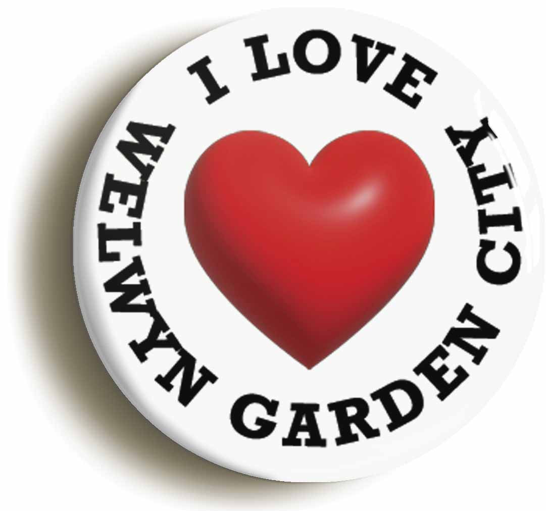 A picture of the front of the product, titled I Heart Love Welwyn Garden City Location Button Pin Badge