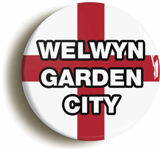 A picture of the front of the product, titled Welwyn Garden City England Flag Circular 50mm Fridge Magnet