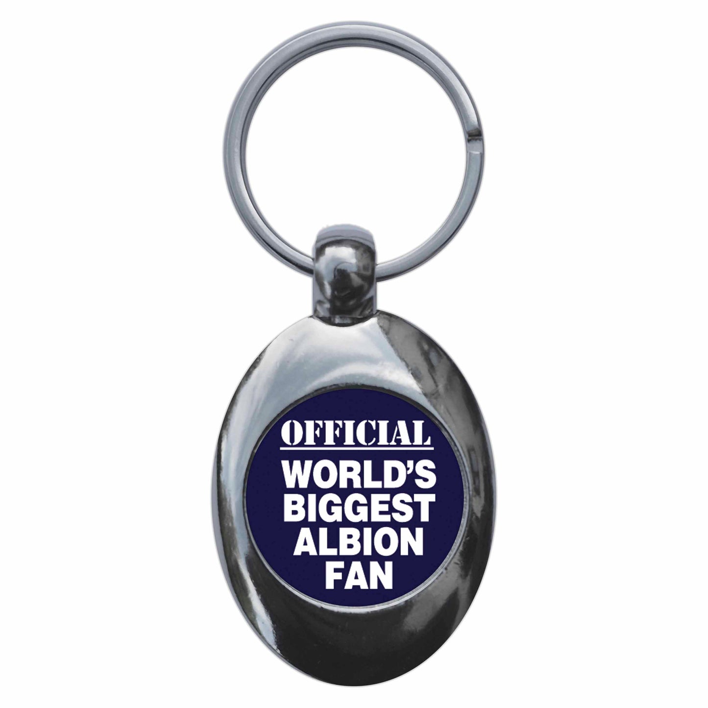 A picture of the front of the product, titled World's Biggest Albion Fan Metal Keyring With Trolley Coin