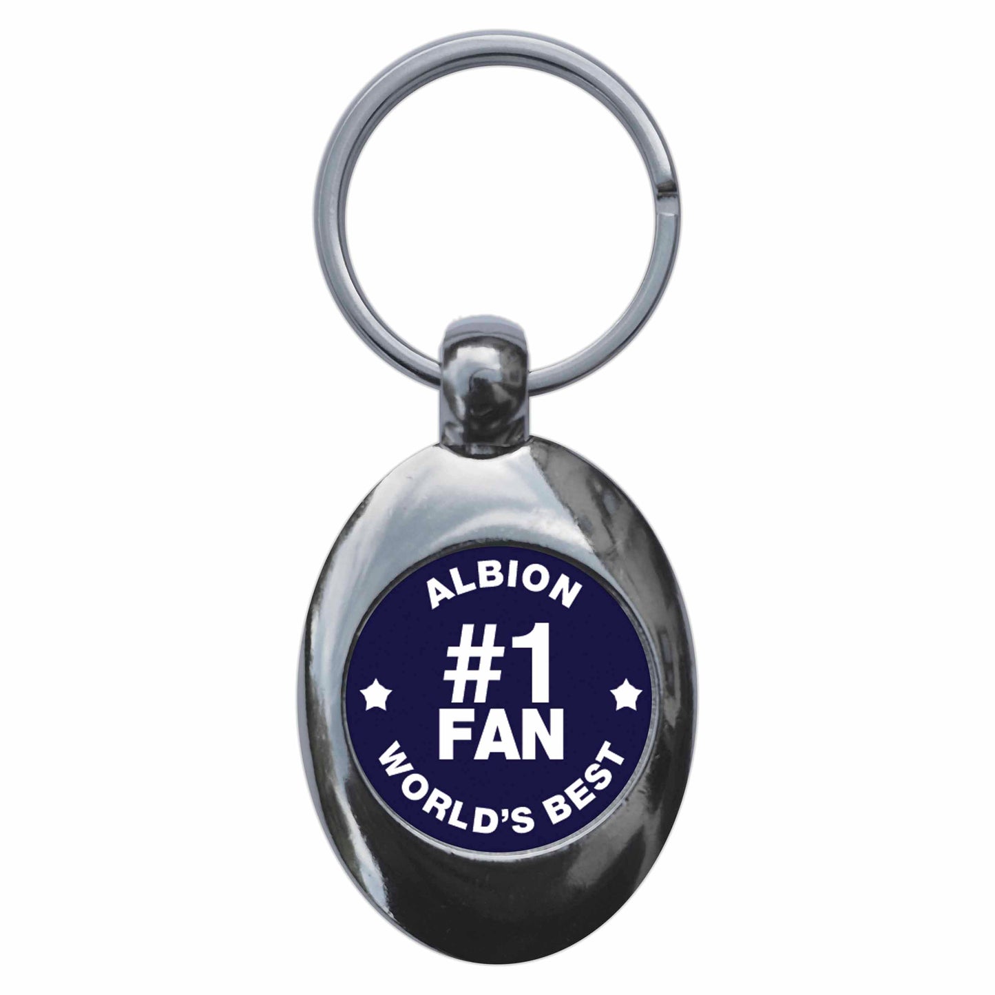 A picture of the front of the product, titled Albion #1 Fan Metal Keyring With Trolley Coin