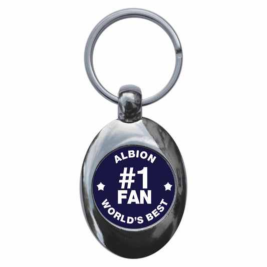 A picture of the front of the product, titled Albion #1 Fan Metal Keyring With Trolley Coin