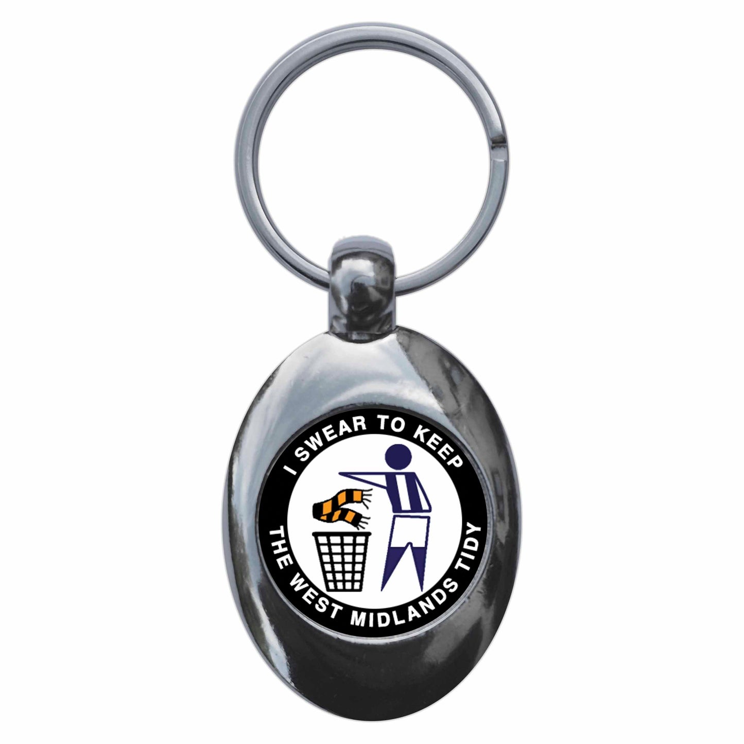 A picture of the front of the product, titled I Swear To Keep The West Midlands Tidy - B Metal Keyring With Trolley Coin