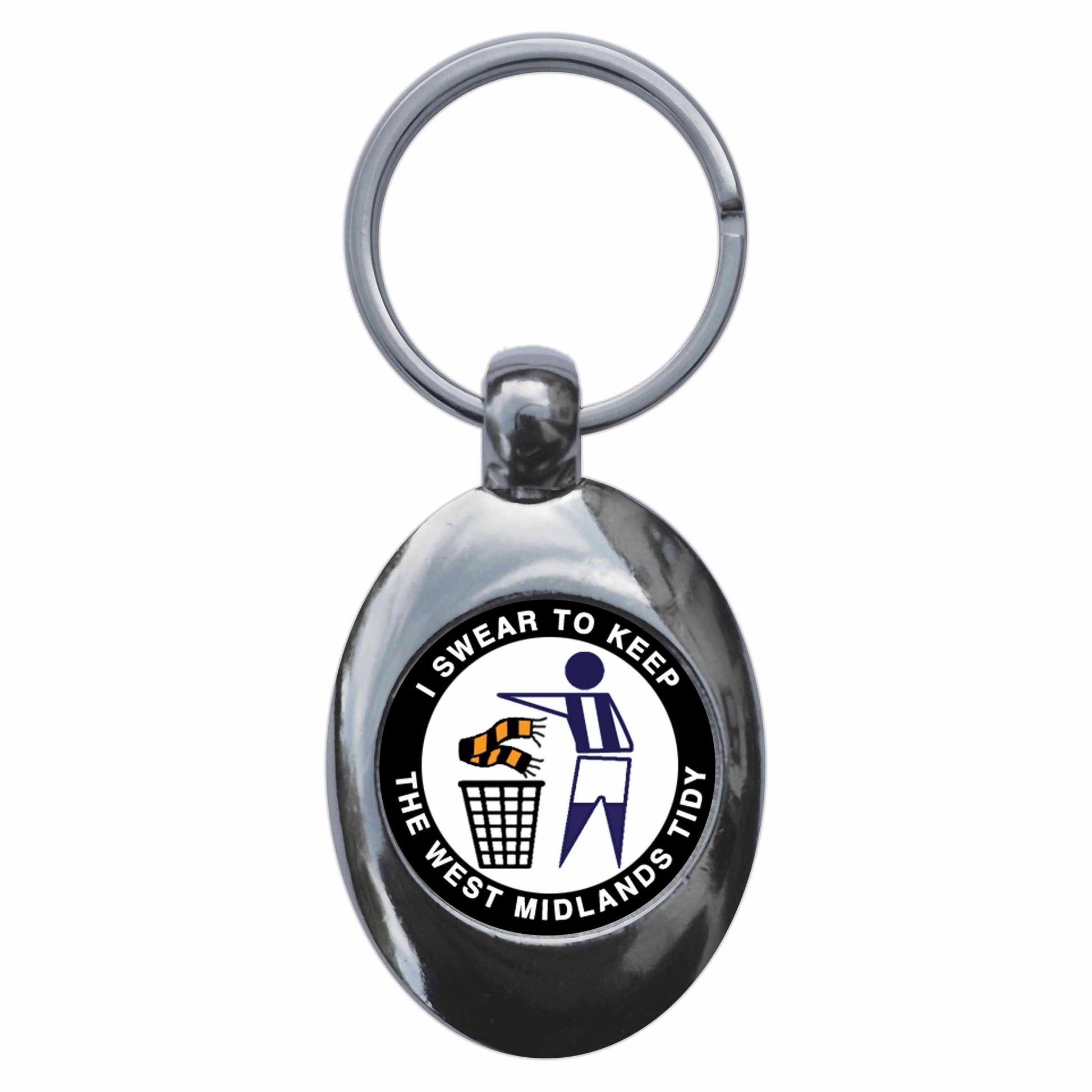 A picture of the front of the product, titled I Swear To Keep The West Midlands Tidy - B Metal Keyring With Trolley Coin