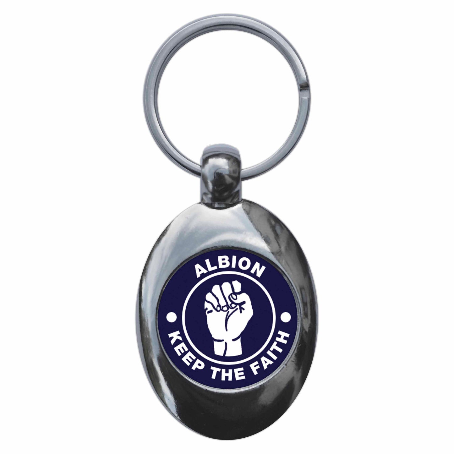 A picture of the front of the product, titled Albion Keep The Faith Northern Soul Metal Keyring With Trolley Coin