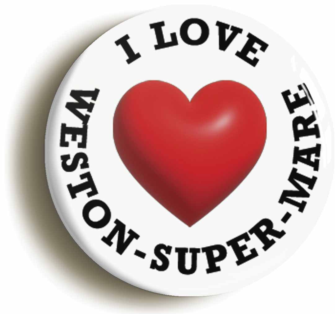 A picture of the front of the product, titled I Heart Love Weston-Super-Mare Location Circular 50mm Fridge Magnet