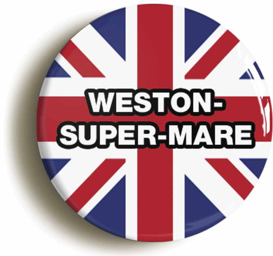 A picture of the front of the product, titled Weston-Super-Mare Union Jack Button Pin Badge