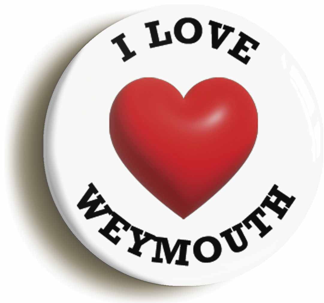 A picture of the front of the product, titled I Heart Love Weymouth Location Circular 50mm Fridge Magnet
