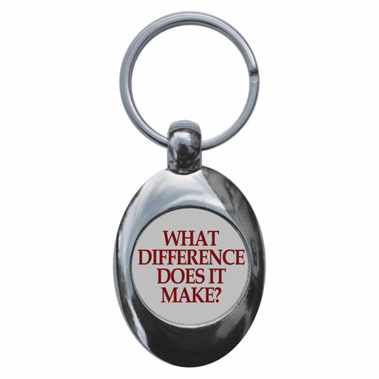 A picture of the front of the product, titled What Difference Does It Make? Metal Keyring With Trolley Coin