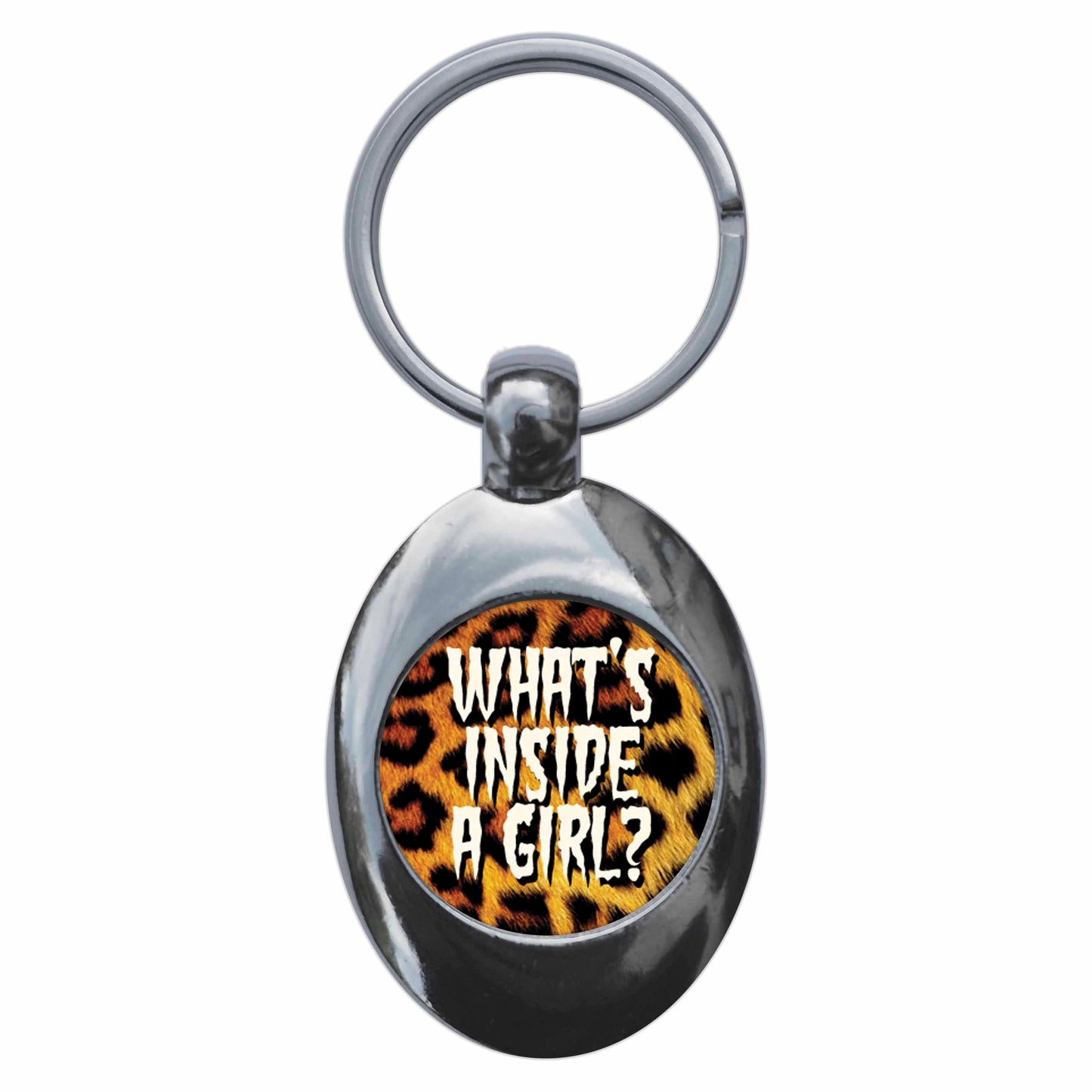 A picture of the front of the product, titled What's Inside A Girl? Metal Keyring With Trolley Coin