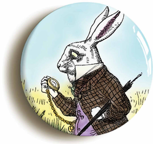 A picture of the front of the product, titled White Rabbit Alice In Wonderland Button Pin Badge