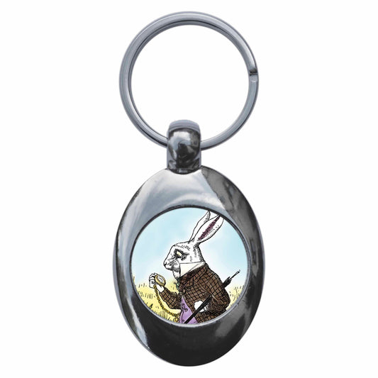 A picture of the front of the product, titled White Rabbit Alice In Wonderland Metal Keyring With Trolley Coin
