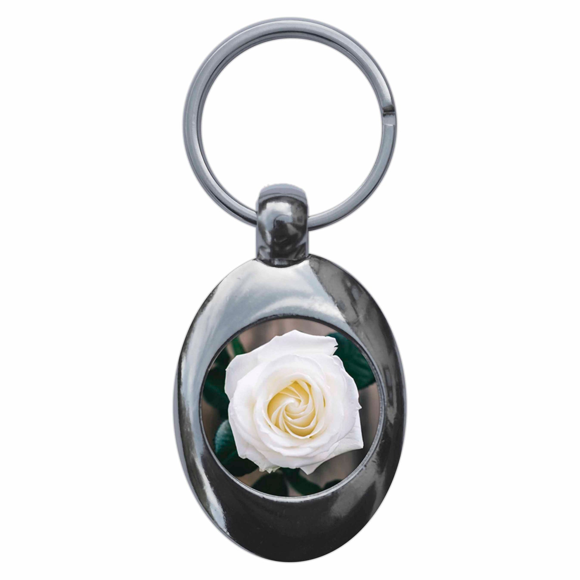 A picture of the front of the product, titled White Rose Flower Metal Keyring With Trolley Coin