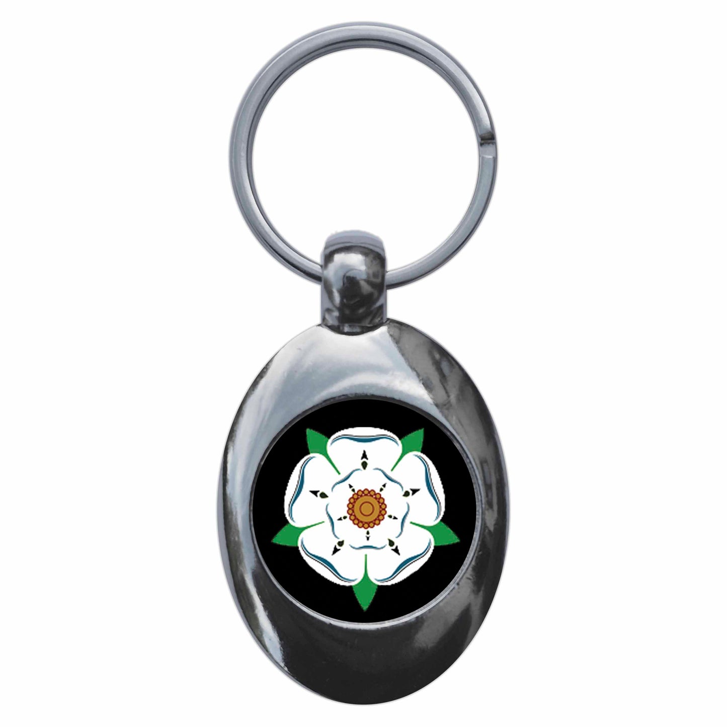 A picture of the front of the product, titled Yorkshire White Rose Metal Keyring With Trolley Coin
