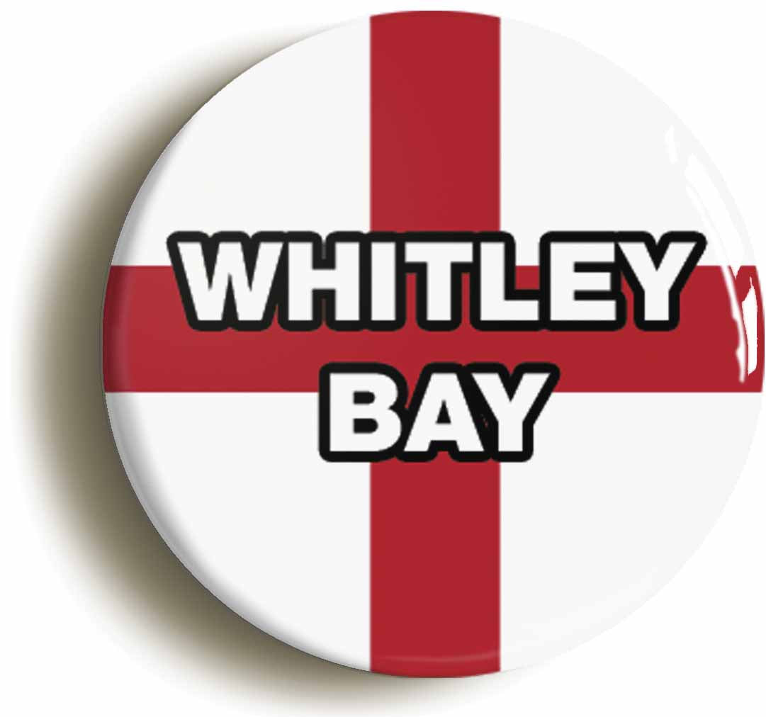 A picture of the front of the product, titled Whitley Bay England Flag Button Pin Badge