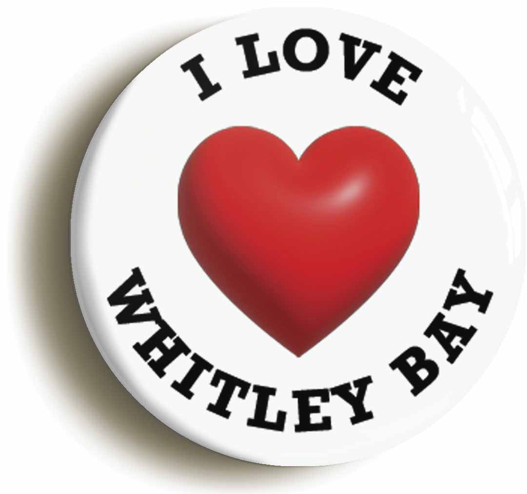 A picture of the front of the product, titled I Heart Love Whitley Bay Location Circular 50mm Fridge Magnet