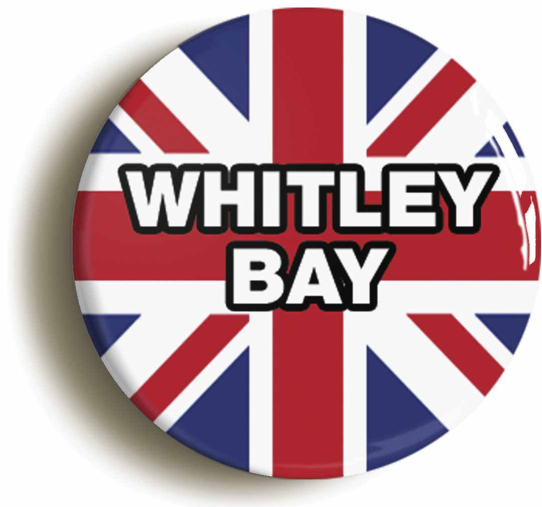 A picture of the front of the product, titled Whitley Bay Union Jack Button Pin Badge