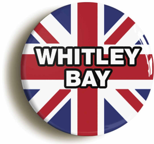 A picture of the front of the product, titled Whitley Bay Union Jack Button Pin Badge
