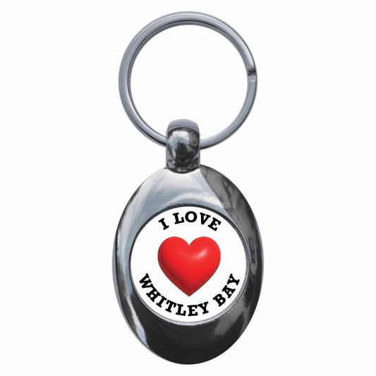 A picture of the front of the product, titled I Heart Love Whitley Bay Metal Keyring With Trolley Coin