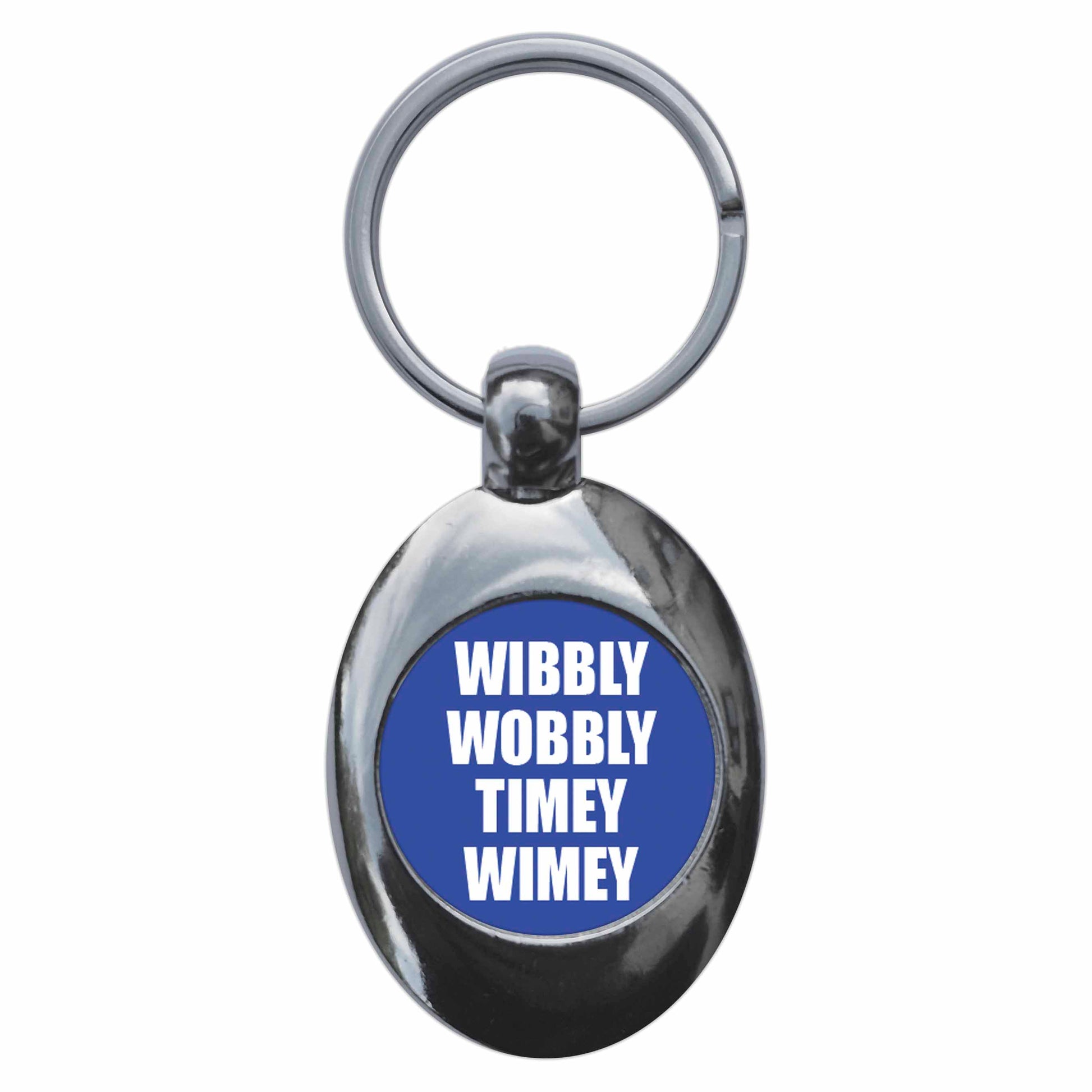 A picture of the front of the product, titled Wibbly Wobbly Timey Wimey Metal Keyring With Trolley Coin