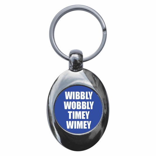 A picture of the front of the product, titled Wibbly Wobbly Timey Wimey Metal Keyring With Trolley Coin