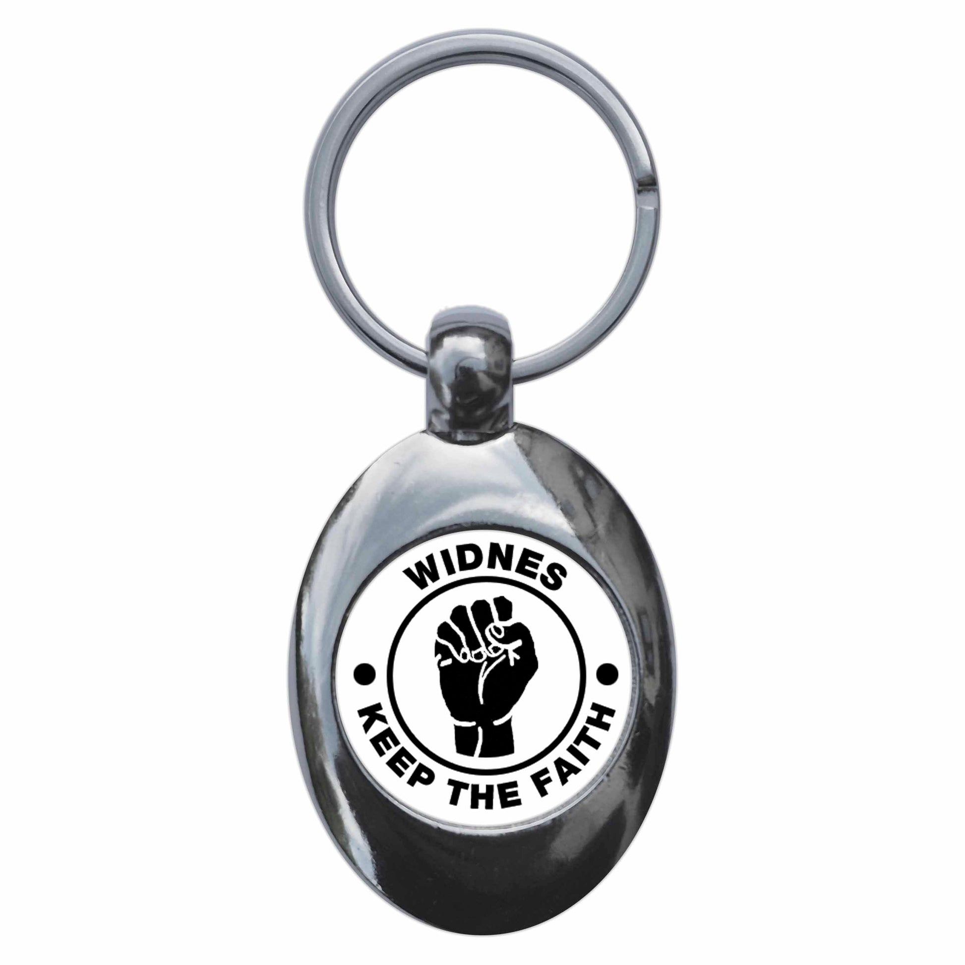 A picture of the front of the product, titled Widnes Keep The Faith Northern Soul Metal Keyring With Trolley Coin