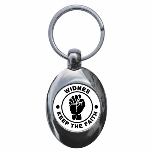 A picture of the front of the product, titled Widnes Keep The Faith Northern Soul Metal Keyring With Trolley Coin