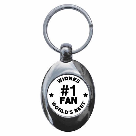 A picture of the front of the product, titled Widnes #1 Fan Metal Keyring With Trolley Coin