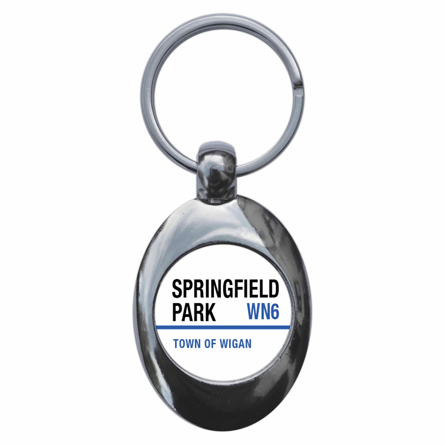 A picture of the front of the product, titled Springfield Park WN6 Wigan Road Sign Metal Keyring With Trolley Coin