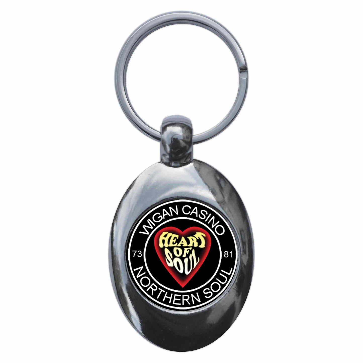 A picture of the front of the product, titled Northern Soul Wigan Casino Heart Of Soul Metal Keyring With Trolley Coin