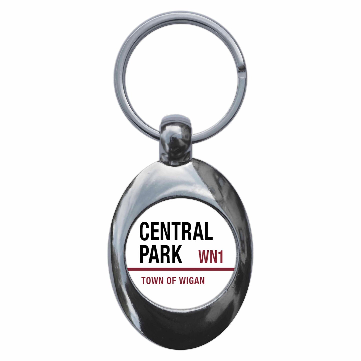 A picture of the front of the product, titled Central Park Town Of Wigan WN1 Road Sign Metal Keyring With Trolley Coin