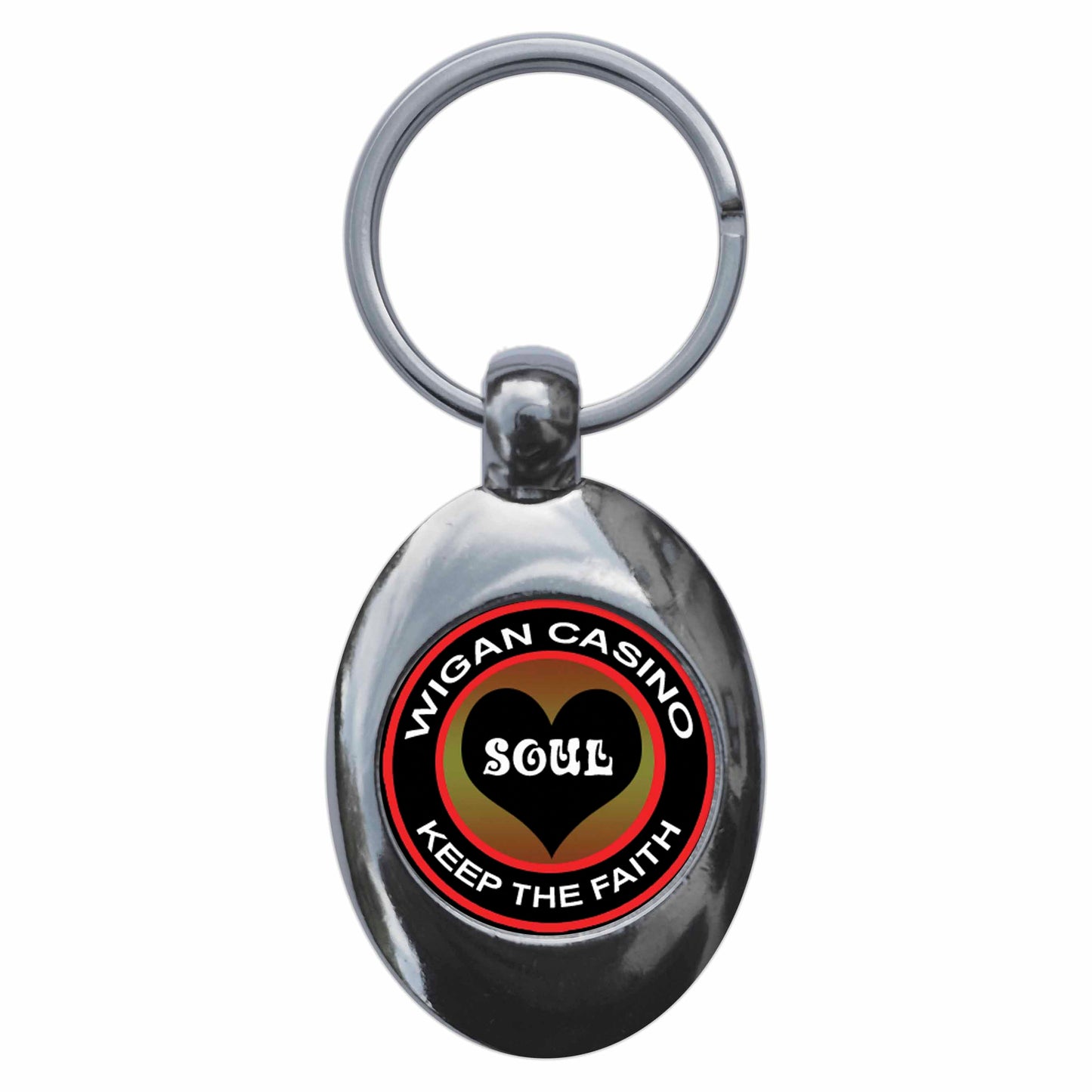 A picture of the front of the product, titled Northern Soul Keep The Faith Wigan Casino Metal Keyring With Trolley Coin