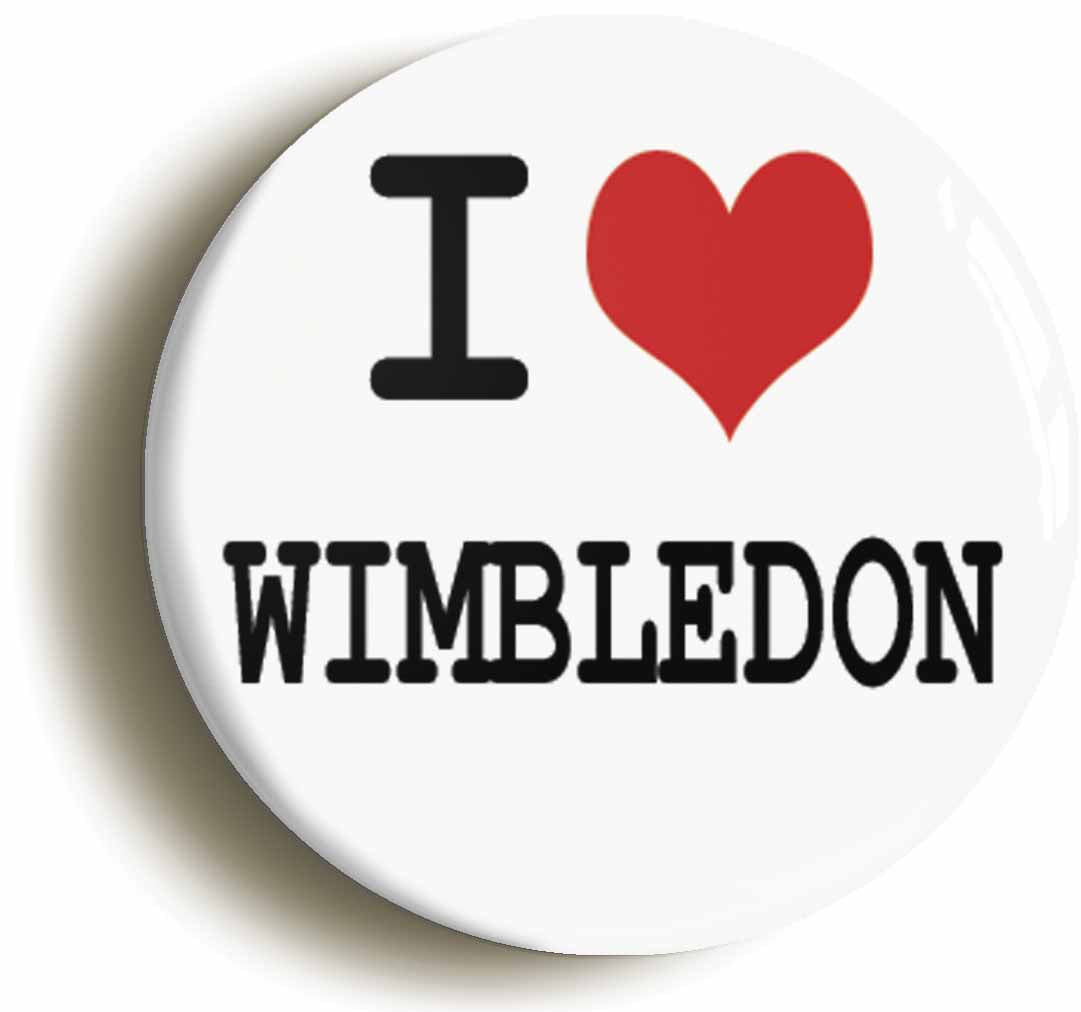 A picture of the front of the product, titled I Heart Love Wimbledon Button Pin Badge