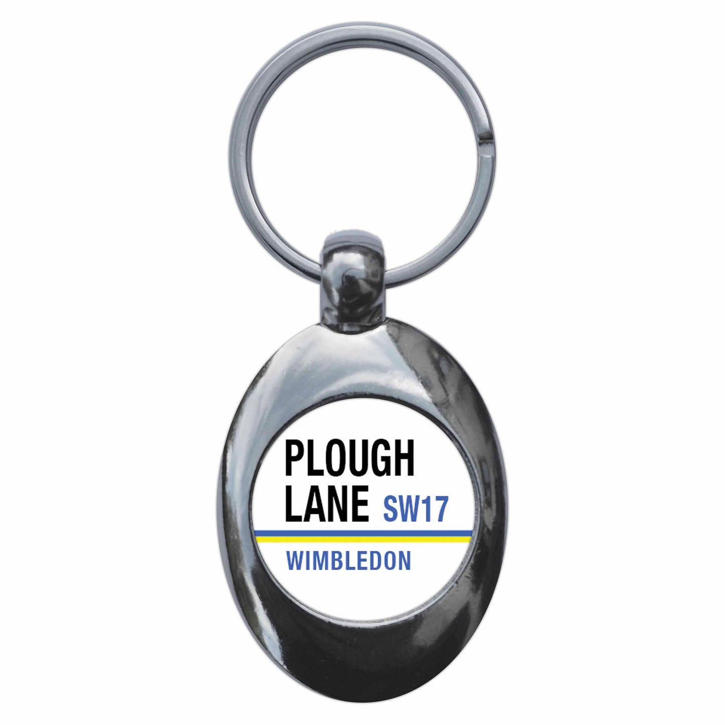 A picture of the front of the product, titled Plough Lane SW17 Wimbledon Road Sign Metal Keyring With Trolley Coin