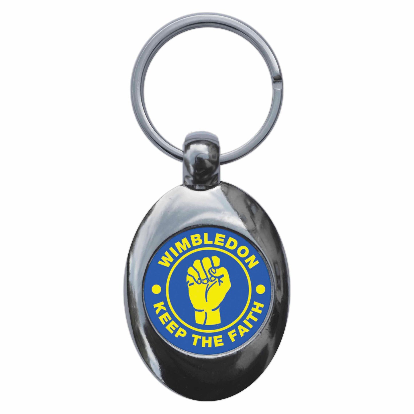A picture of the front of the product, titled Wimbledon Keep The Faith Northern Soul Metal Keyring With Trolley Coin