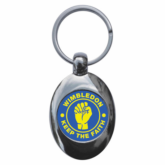 A picture of the front of the product, titled Wimbledon Keep The Faith Northern Soul Metal Keyring With Trolley Coin