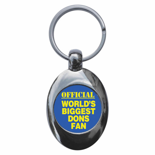 A picture of the front of the product, titled World's Biggest Dons Fan Metal Keyring With Trolley Coin