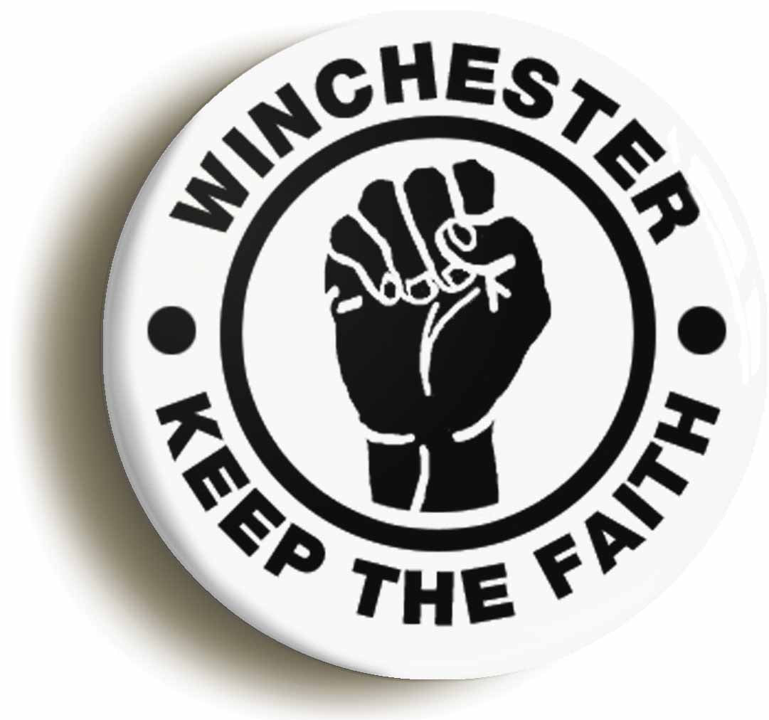 A picture of the front of the product, titled Winchester Keep The Faith Circular 50mm Fridge Magnet
