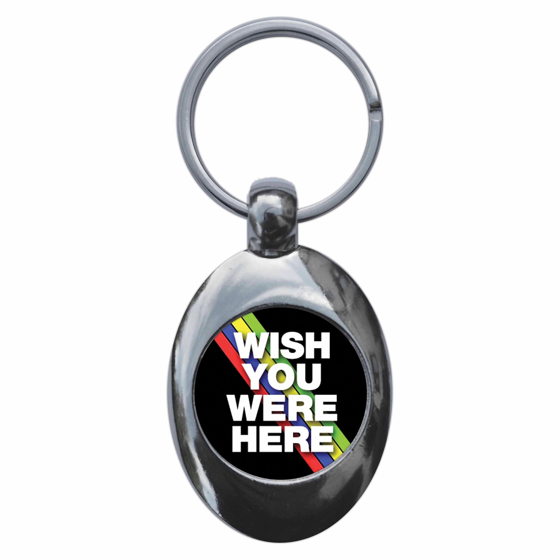 A picture of the front of the product, titled Wish You Were Here Metal Keyring With Trolley Coin