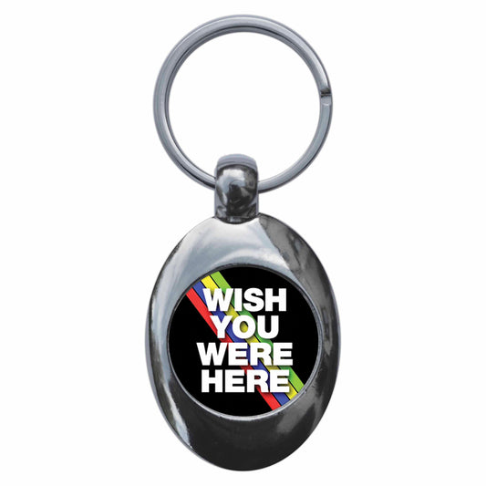 A picture of the front of the product, titled Wish You Were Here Metal Keyring With Trolley Coin