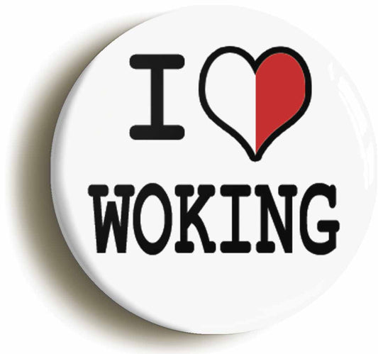 A picture of the front of the product, titled I Heart Love Woking Button Pin Badge