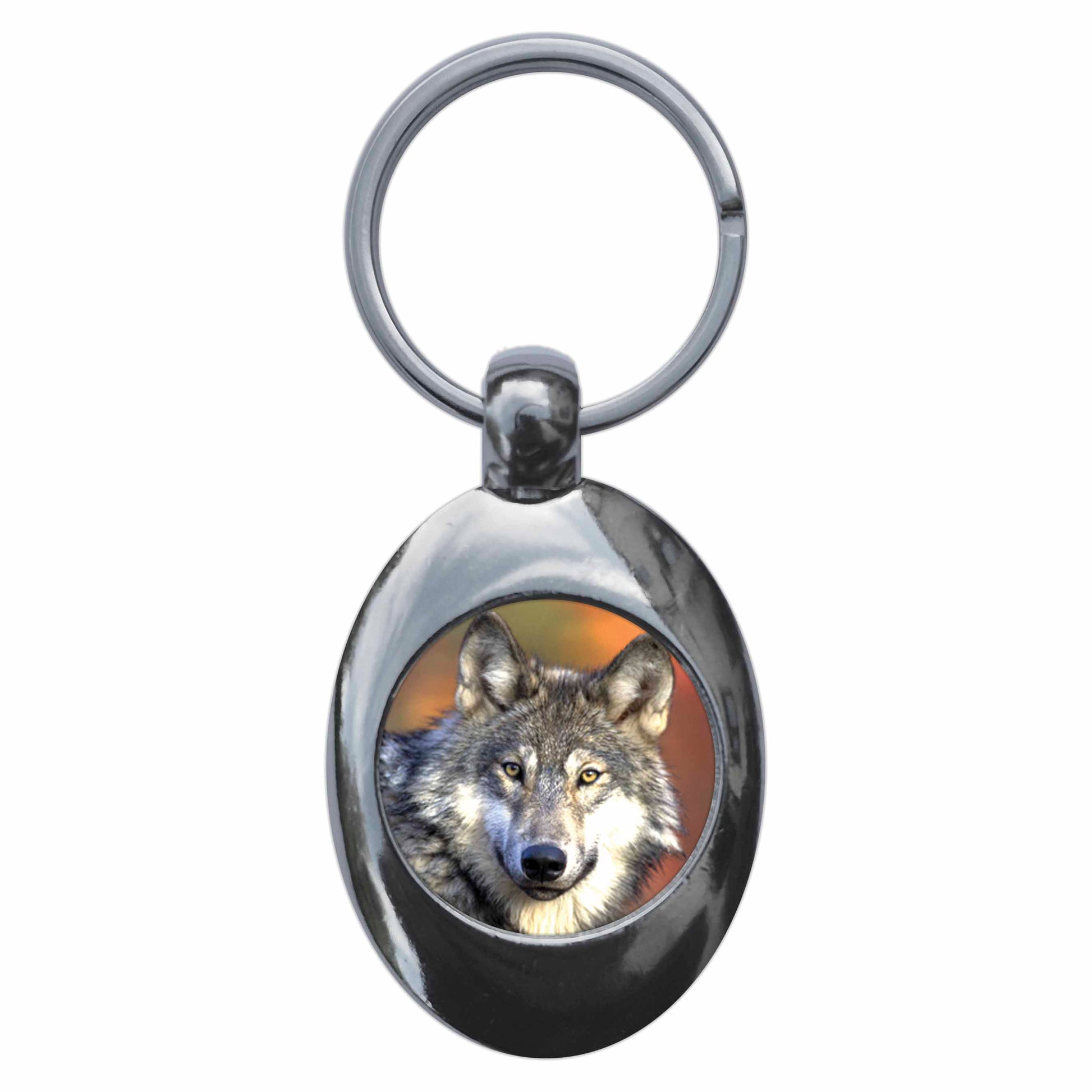 A picture of the front of the product, titled Wolf Metal Keyring With Trolley Coin