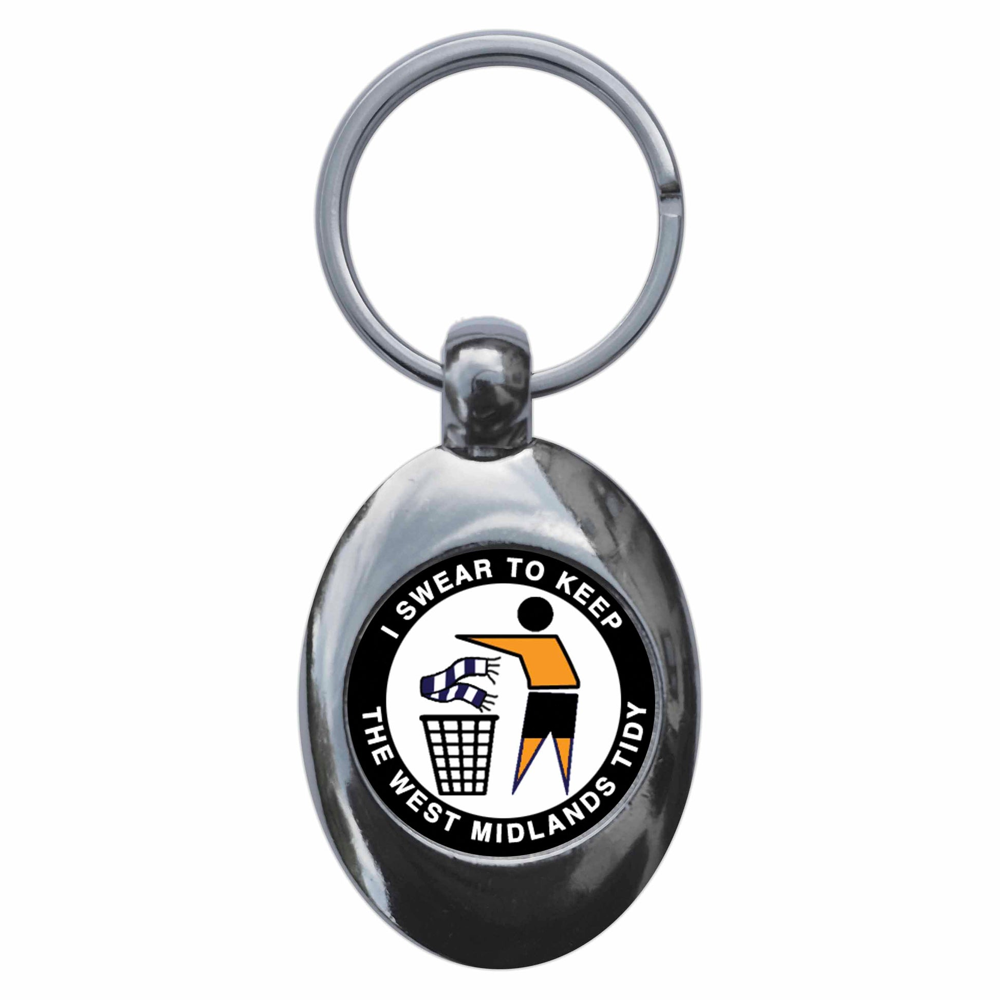 A picture of the front of the product, titled I Swear To Keep The West Midlands Tidy - W Metal Keyring With Trolley Coin