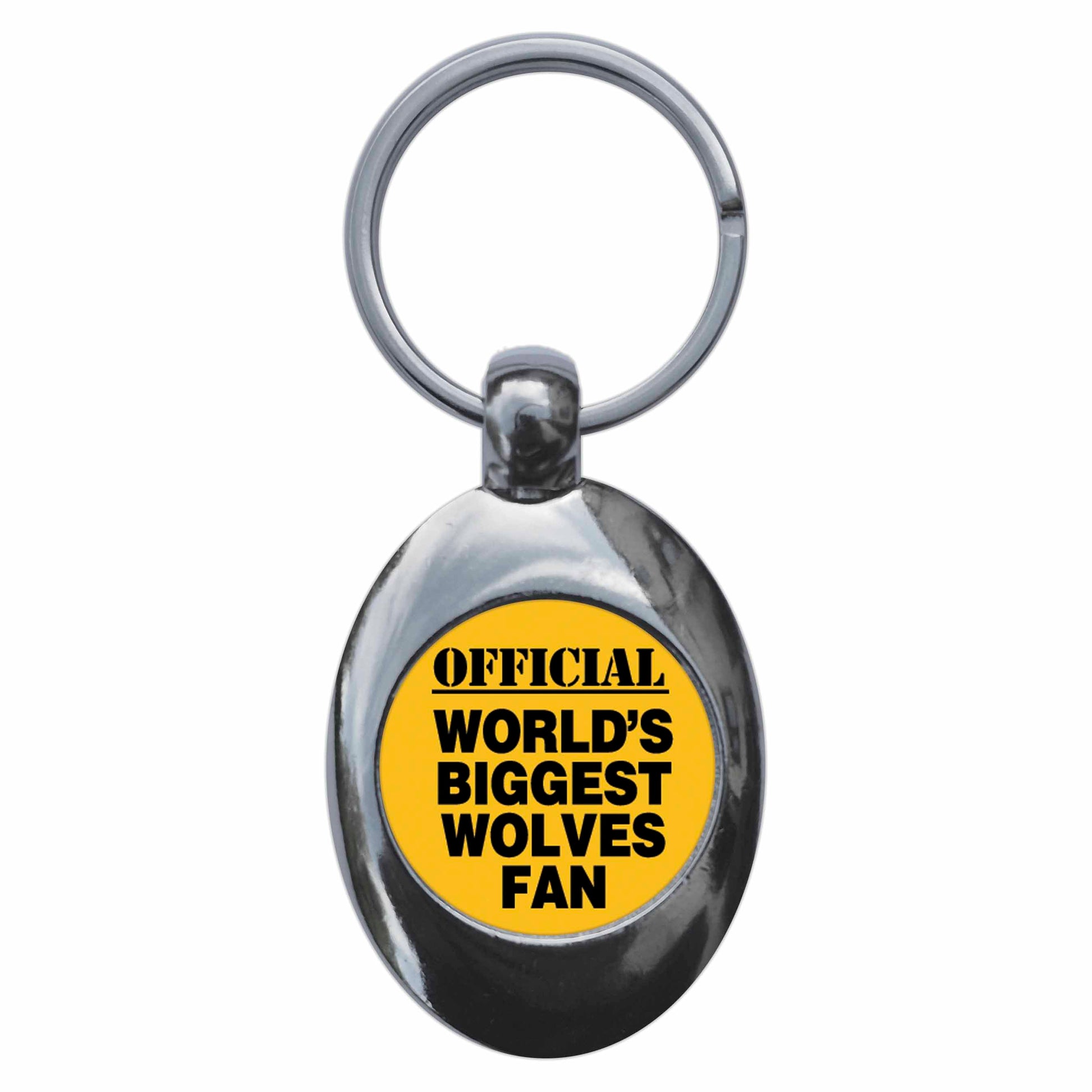 A picture of the front of the product, titled World's Biggest Wolves Fan Metal Keyring With Trolley Coin