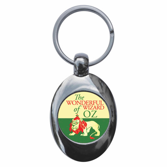A picture of the front of the product, titled Wonderful Wizard Of Oz W W Denslow Illustration Metal Keyring With Trolley Coin