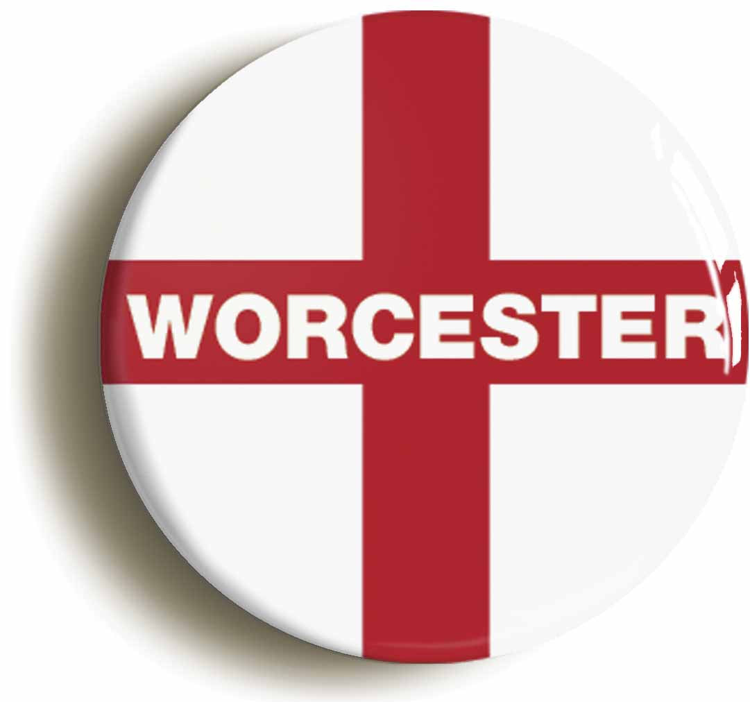 A picture of the front of the product, titled Worcester England Flag Circular 50mm Fridge Magnet